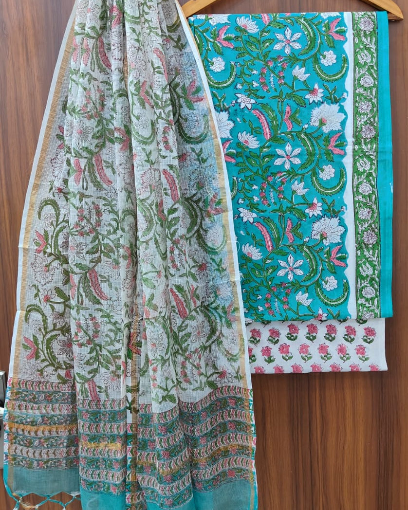 Green with All-over Floral Jaal Hand Block Printed Cotton Suit With Kota Doria Dupatta