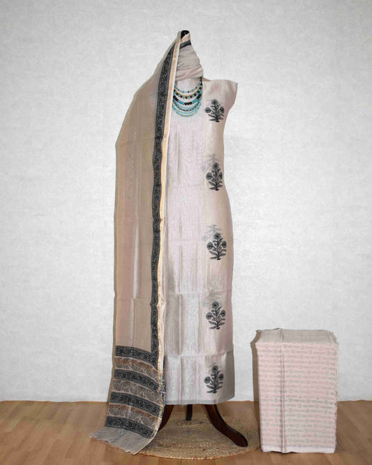 Hand Block Printed Chanderi Silk Suit with Santoon Bottom and Chanderi Silk Dupatta
