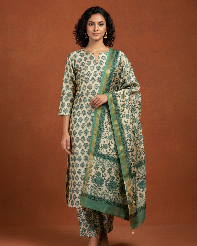 Sage Green Floral Buti Printed Maheshwari Silk Suit Set