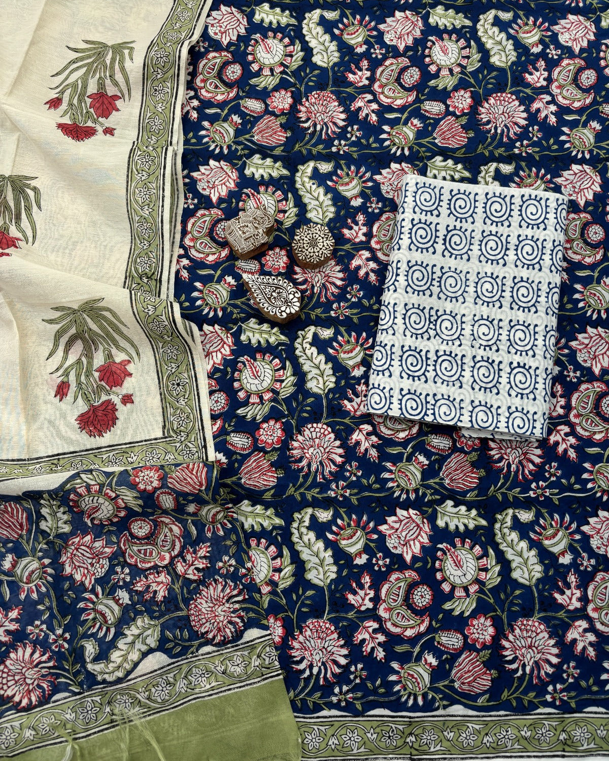 Red Hand Block Printed Premium Cotton Unstitched Suit with Floral Butis & Chanderi Dupatta