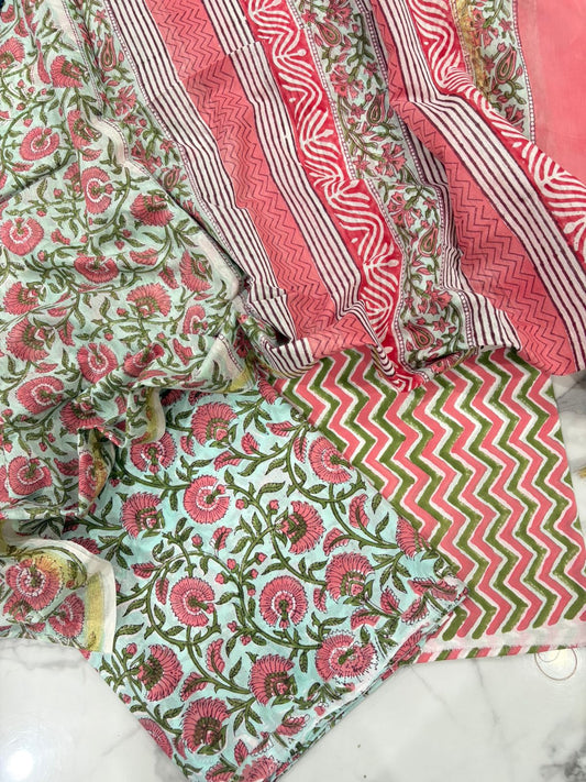 Hand Block Printed Premium Cotton Suit Set with Chanderi Silk Dupatta - Curated Edit