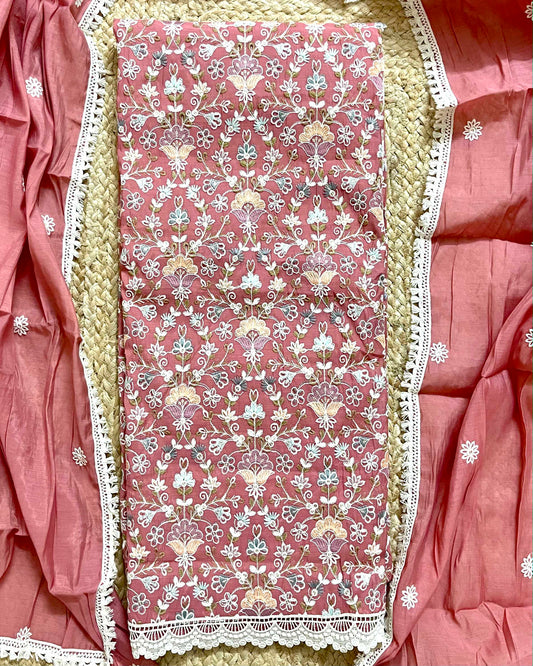 Floral Embroidered Mal Chanderi Unstitched Suit Set with Lace Detailing (Peach Blush)