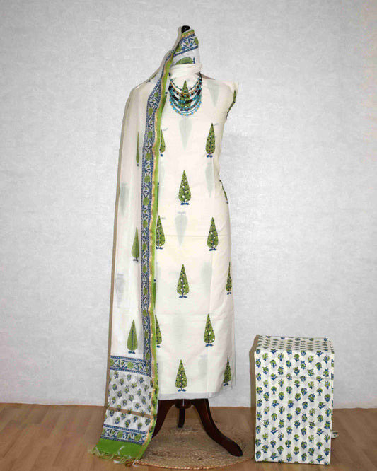Hand Embroidered and Hand Block Printed Premium Cotton Unstitched Suit with Chanderi Silk Dupatta - Designer Edit