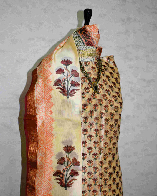 Red Sanganeri Floral Buti Print Maheshwari Silk Suit Set
