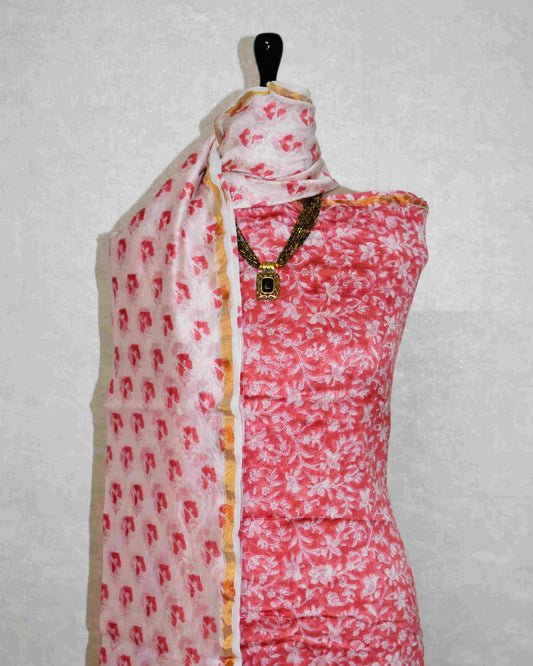Powder Pink Chanderi Silk Suit with Sanganeri Floral Jaal Print