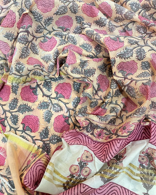Hand Block Printed Premium Cotton Unstitched Suit with Pink Floral veils & Chanderi Silk Dupatta - Curated Edit