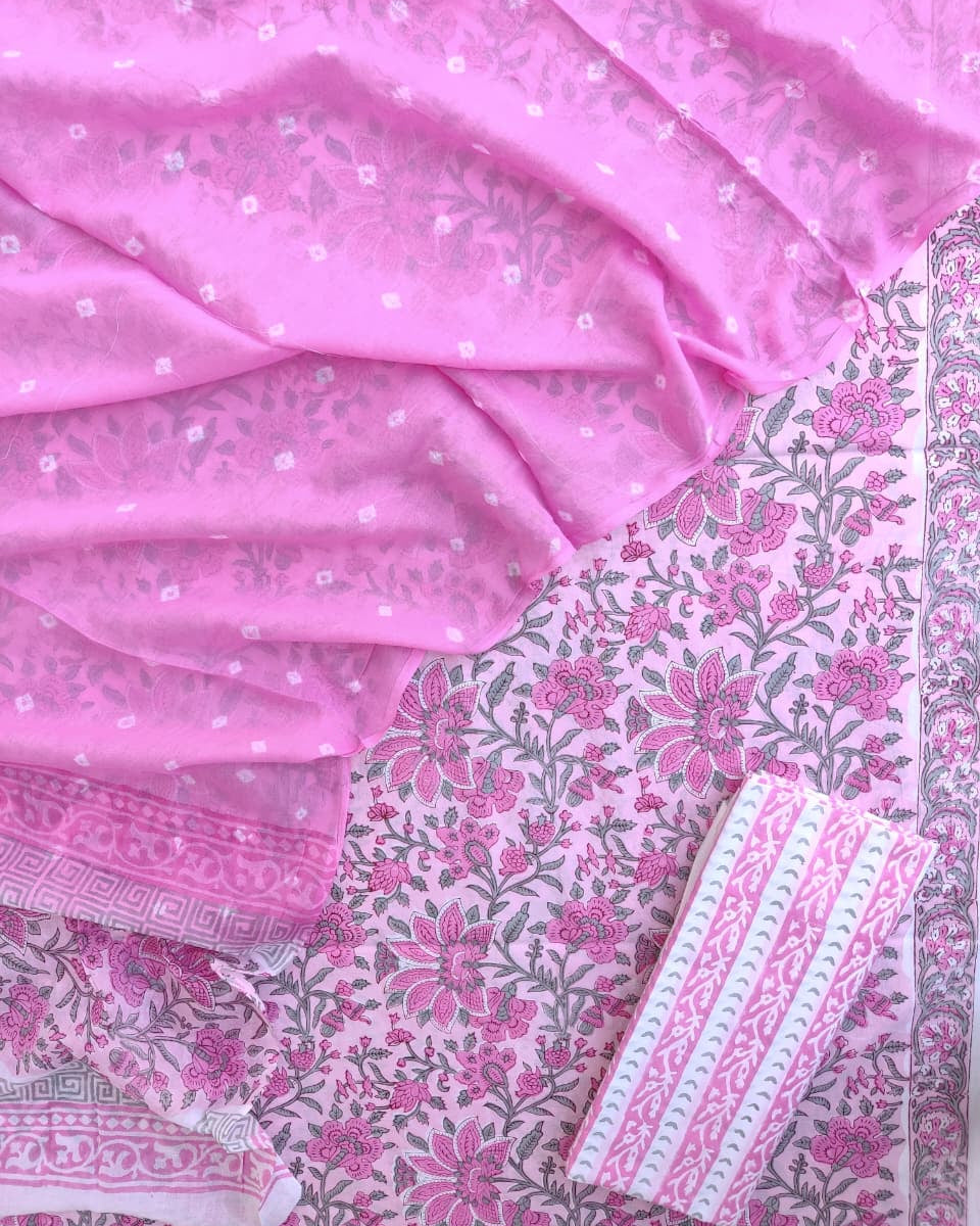 Pink Floral Hand Block All-over Printed Cotton Suit with Bandej Malmal Dupatta