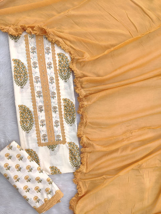 Yellow Paisley Hand Block Printed Cotton Suit with Neckwork and Pure Chiffon Dupatta