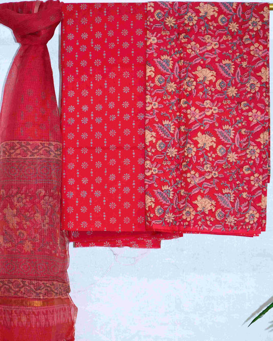 Red All-over Floral Hand Block Printed Cotton Suit With Kota Doria Dupatta