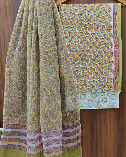 Green with All-over Floral Jaal Hand Block Printed Cotton Suit With Kota Doria Dupatta