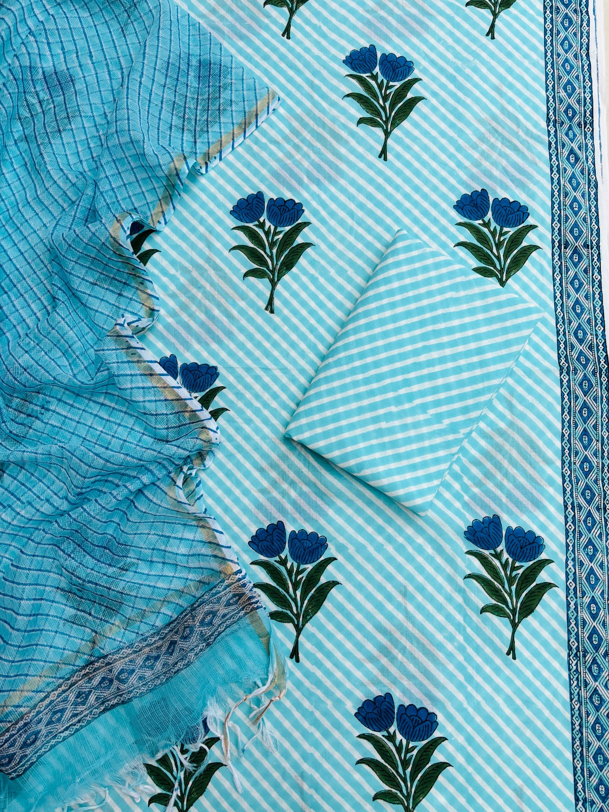 Aqua Blue Floral Hand Block Printed Cotton Suit with Kota Doria Lehriya Dupatta