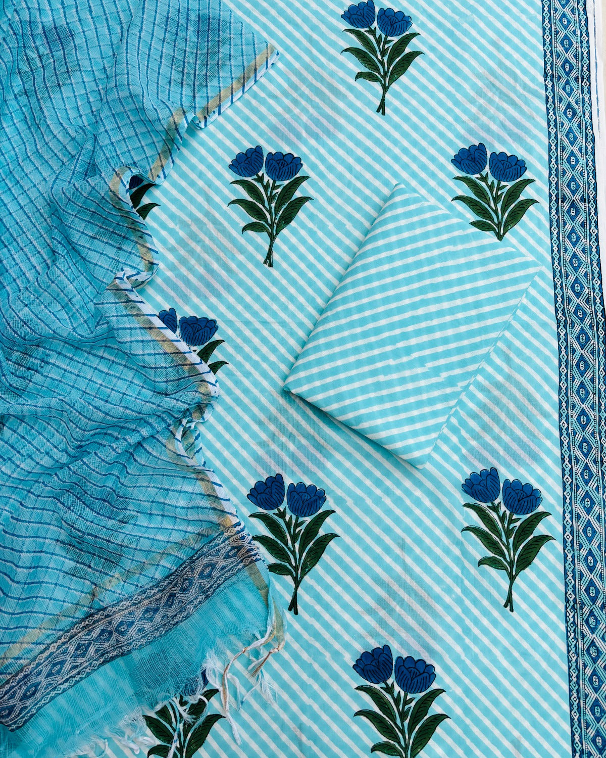 Aqua Blue Floral Hand Block Printed Cotton Suit with Kota Doria Lehriya Dupatta