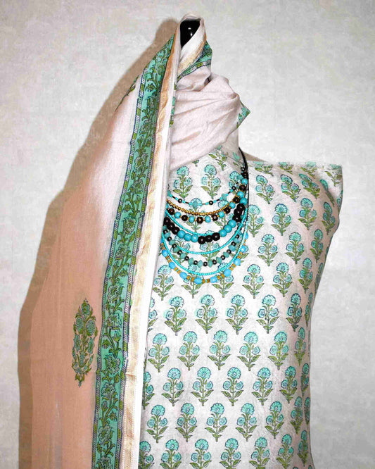 Hand Block Printed Chanderi Silk Suit with Santoon Bottom and Chanderi Silk Dupatta