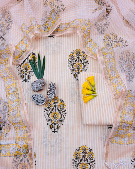 Bagru Hand Block Printed Cotton Suit With Kota Doria Dupatta