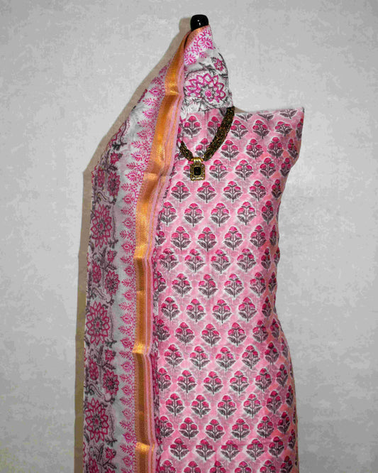 Pink Sanganeri Floral Buti Print Maheshwari Silk Suit Set