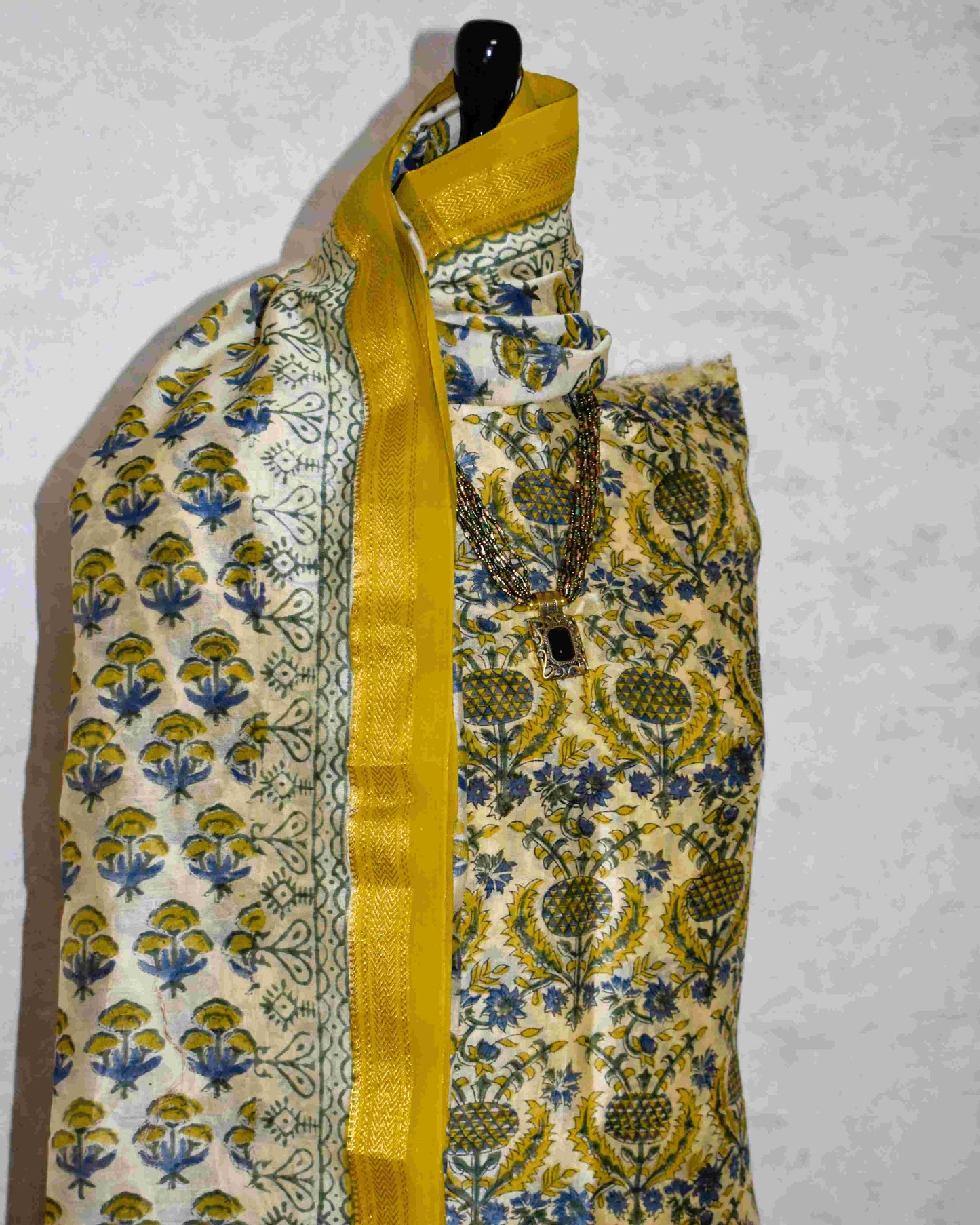 Temple Gold Bagru Floral Jaal Printed Maheshwari Silk Suit Set
