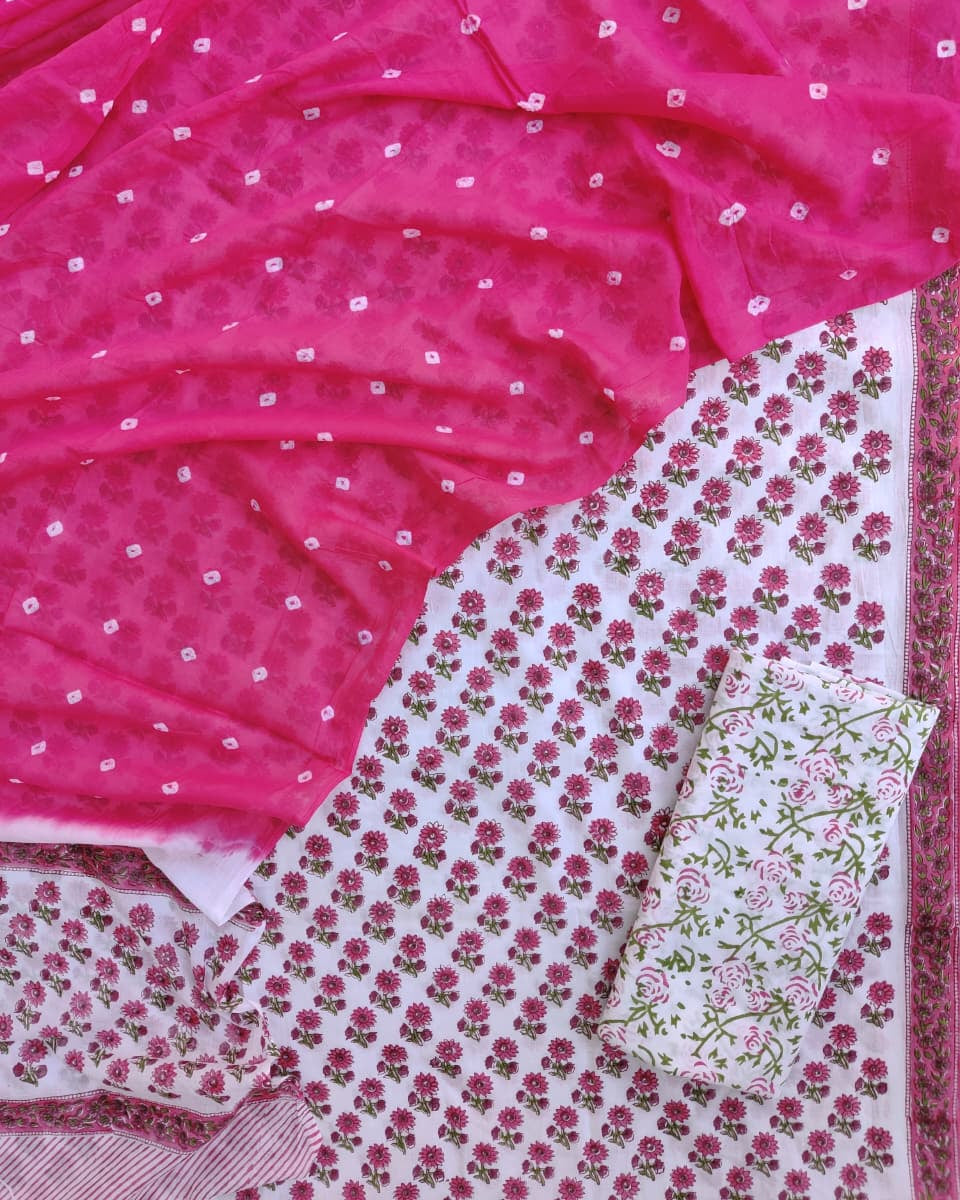 Pink Floral Buta Hand Block All-over Printed Cotton Suit with Bandej Malmal Dupatta