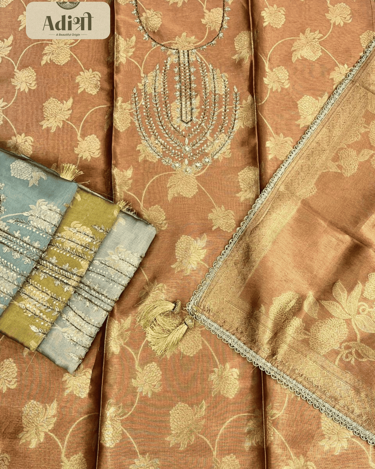 Premium Olive Gold Jacquard Silk Suit Set with Embroidered Neck & Woven Dupatta