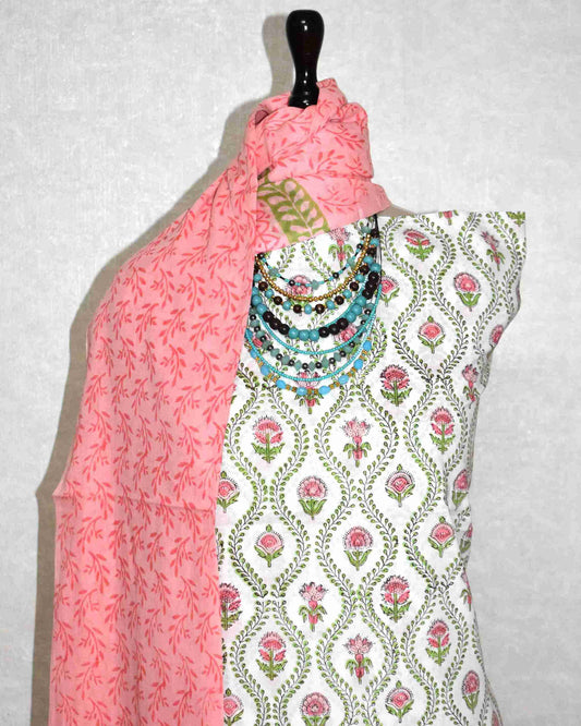 Sanganeri Hand Block Printed Unstitched Cotton Suit Set with malmal dupatta