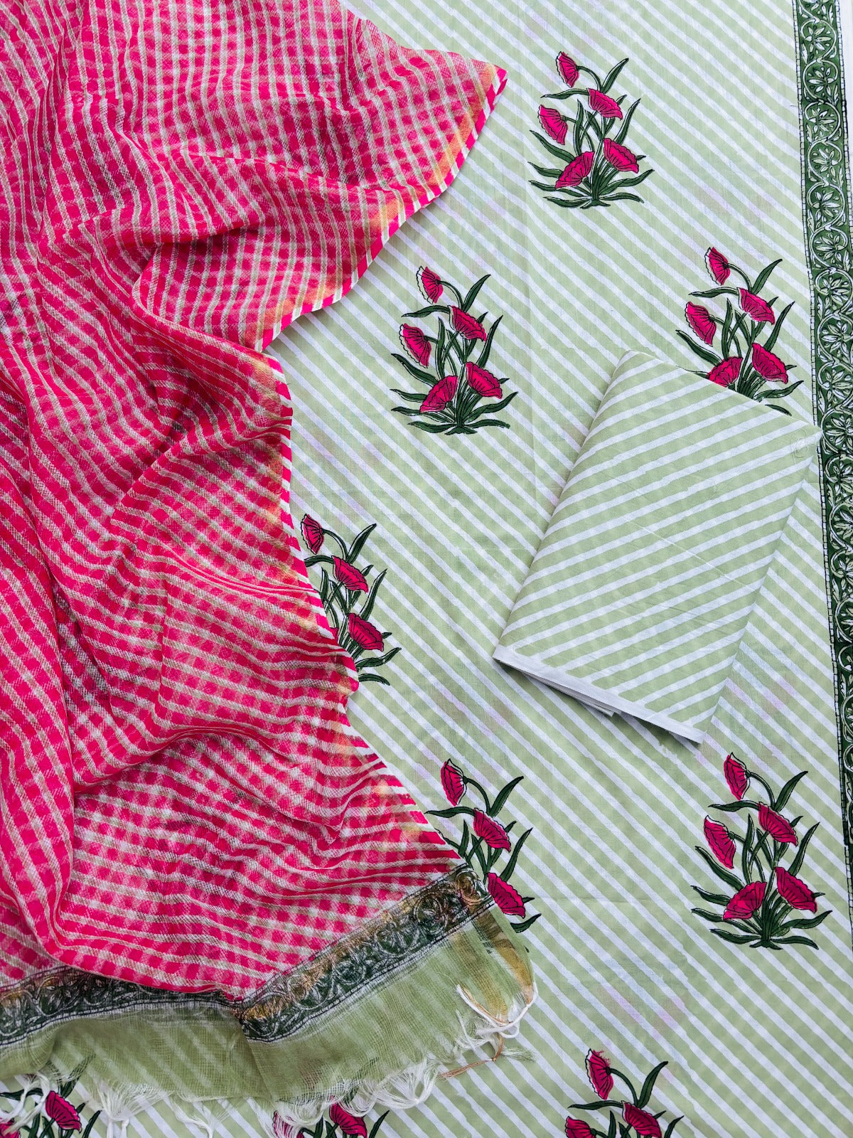 Pink Floral Hand Block Printed Cotton Suit with Kota Doria Lehriya Dupatta