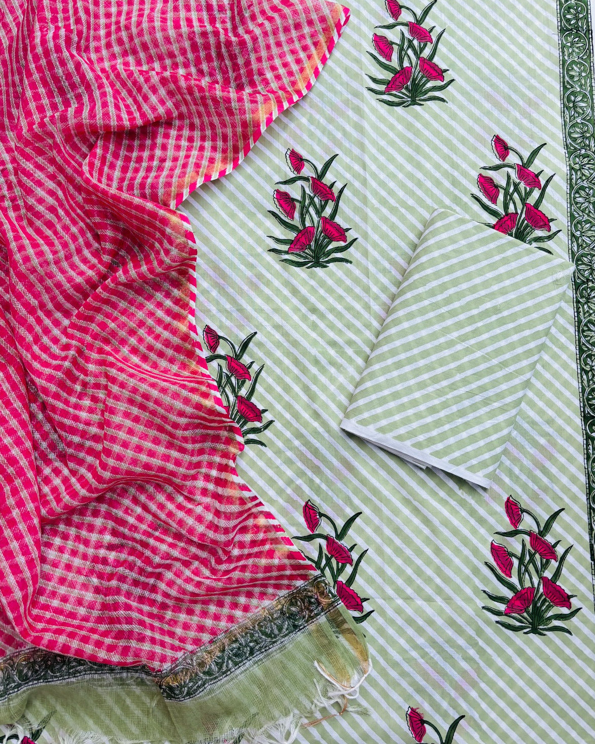 Pink Floral Hand Block Printed Cotton Suit with Kota Doria Lehriya Dupatta