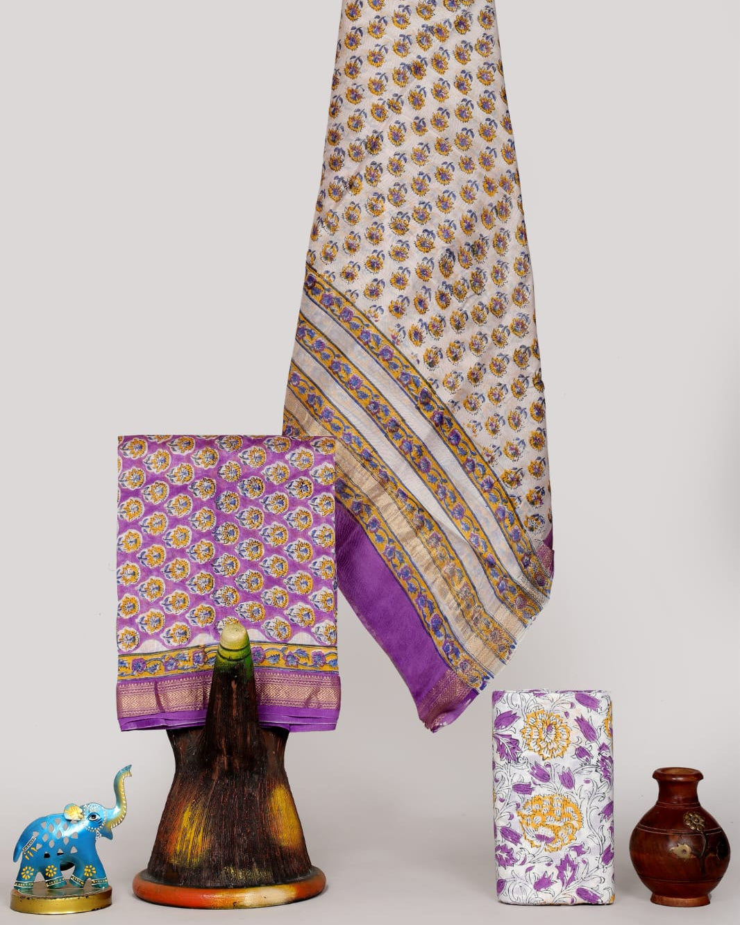 All-over Floral Buti Hand Block Printed Maheshwari Silk Suit Set