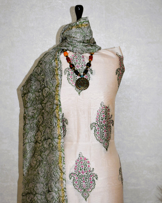 Timeless Chanderi Silk Suit with Floral Paisley Buta Hand Block Print