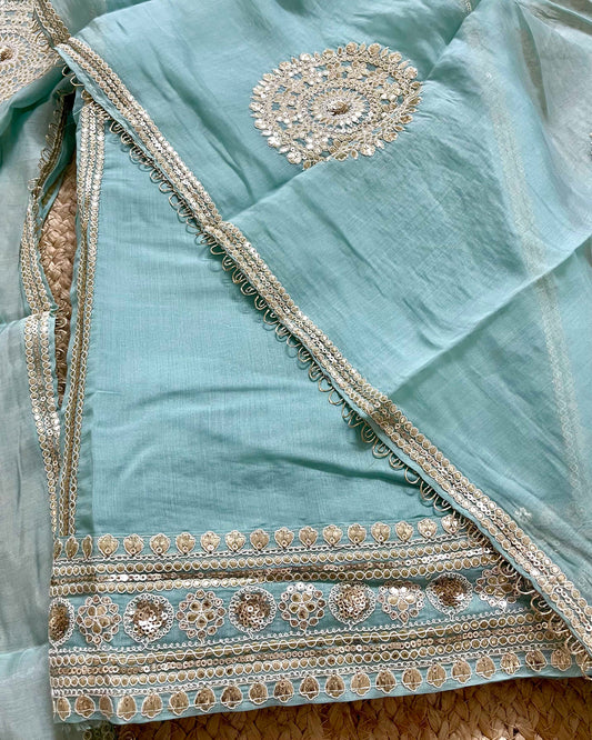 Designer Mal Chanderi Embroidered 3-Piece Suit Set (Powder Blue)