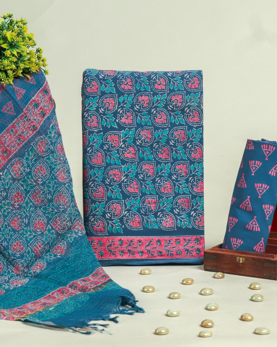 Ink Blue Discharge Hand Block Printed Cotton Suit With Kota Doria Dupatta