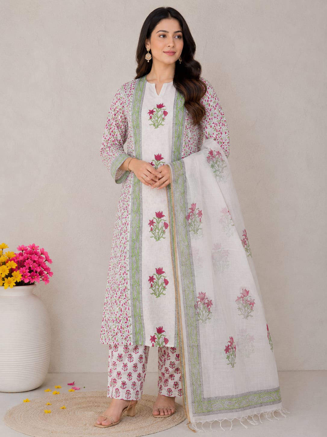 Bagru Hand Block Printed Cotton Suit With Kota Doria Dupatta