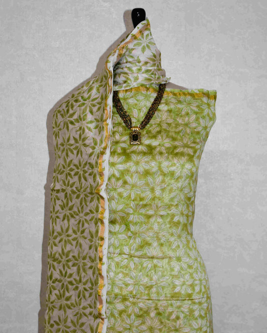 Lime Green Chanderi Silk Suit with Sanganeri All-over leaf Jaal Print