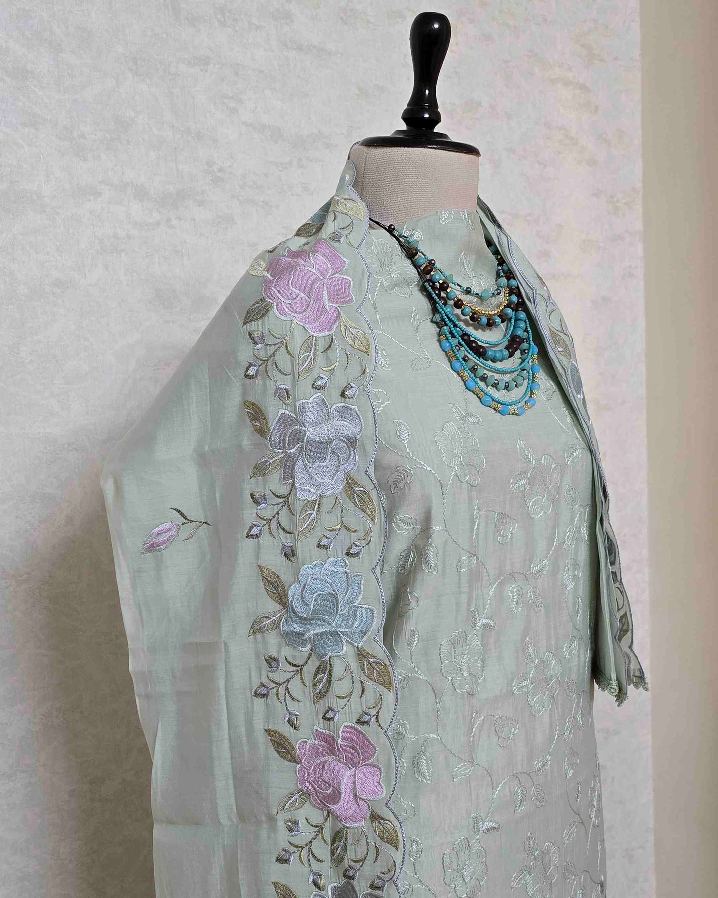 Sage Green Bloom Embroidered Mal Chanderi Suit Set with Scalloped Dupatta