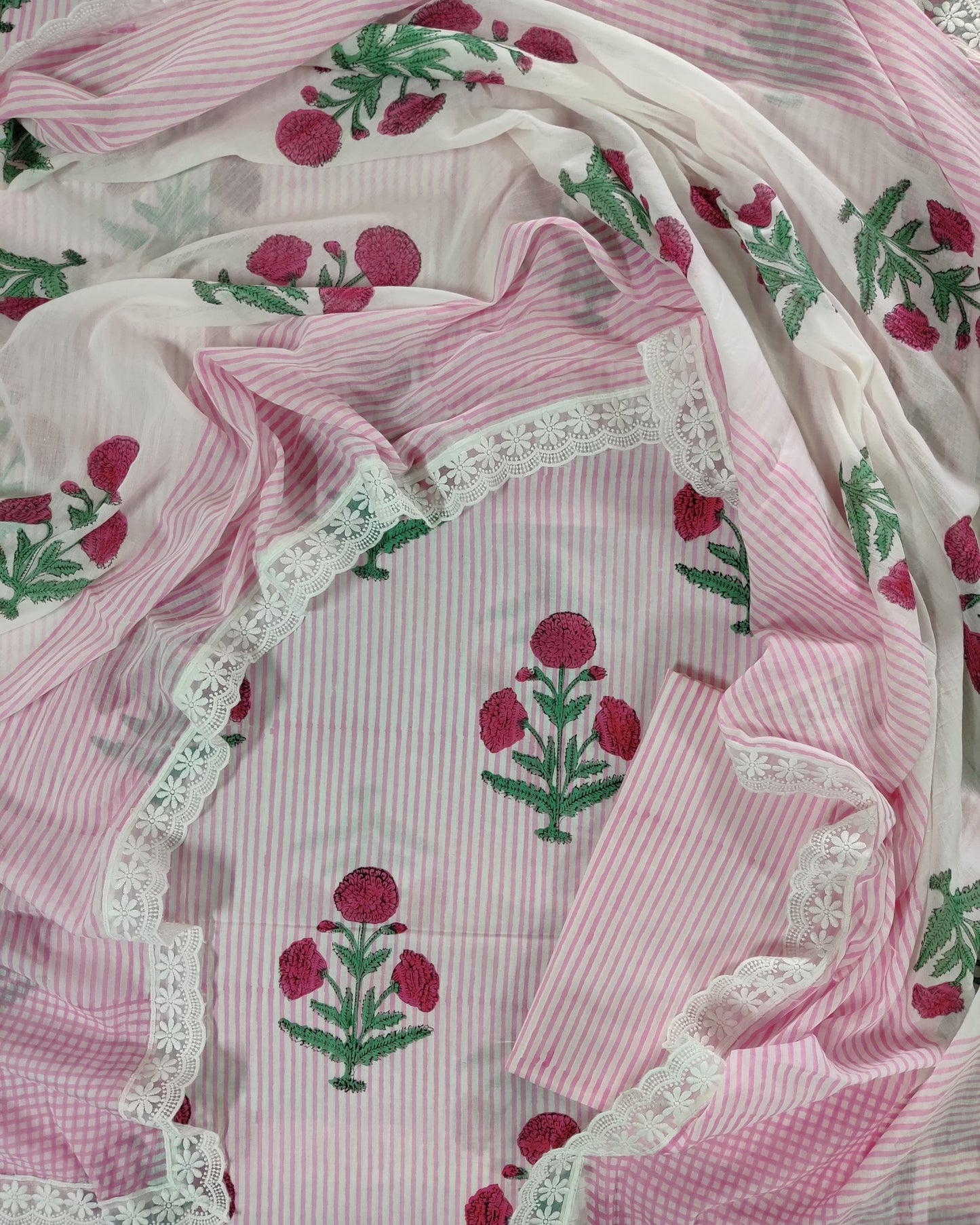 Pink Floral Buta Hand Block Printed Cotton Suit with Crochet Lace Malmal Dupatta