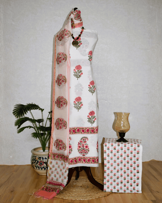Hand Block Printed Premium Cotton Unstitched Suit with Red Floral Buta & Chanderi Silk Dupatta - Curated Edit (EHCH0001)