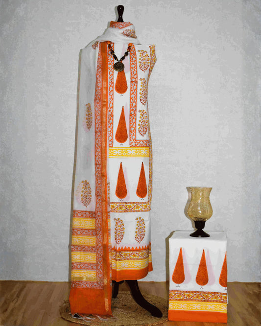 Hand Block Printed Premium Cotton Unstitched Suit with Saffron Mughal Floral Buta & Chanderi Silk Dupatta - Curated Edit (EHCH0005)
