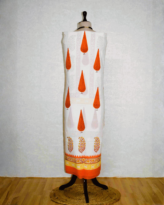 Hand Block Printed Premium Cotton Unstitched Suit with Saffron Mughal Floral Buta & Chanderi Silk Dupatta - Curated Edit (EHCH0005)