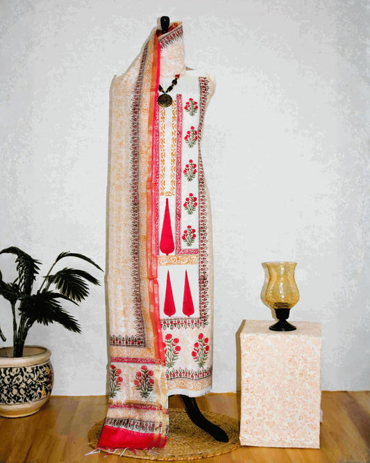 Hand Block Printed Premium Cotton Unstitched Suit with Pink Floral Buta & Chanderi Silk Dupatta - Curated Edit (EHCH0006)