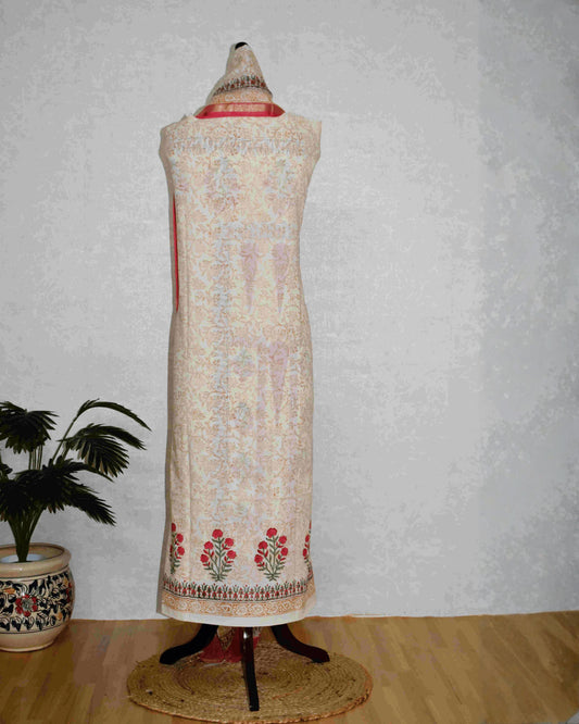 Hand Block Printed Premium Cotton Unstitched Suit with Pink Floral Buta & Chanderi Silk Dupatta - Curated Edit (EHCH0006)
