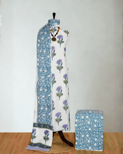 Lavender Floral Hand Block Printed Cotton Suit with Malmal Dupatta - Curated edit
