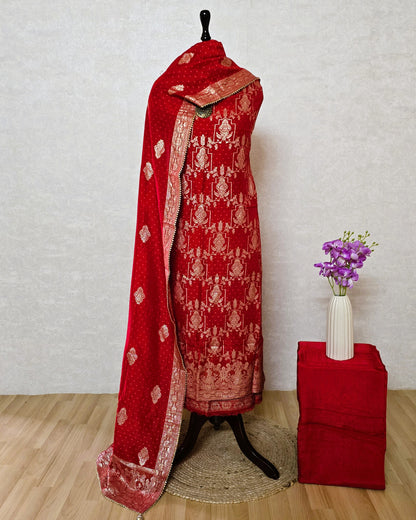 Red Banarasi Dola Silk Suit Set with Dola Silk Dupatta