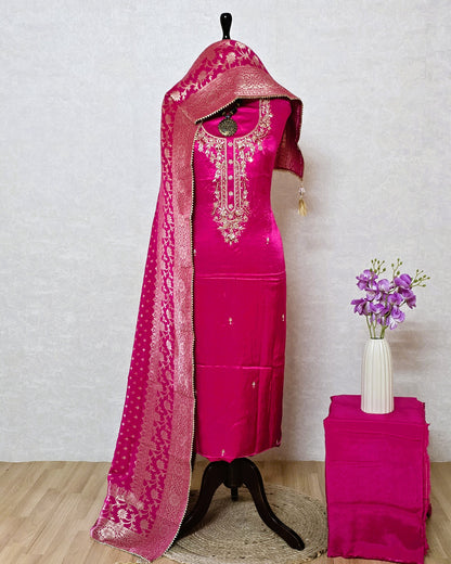 Fuchia Gaji Silk Gota Patti Suit Set with Dola Silk Dupatta