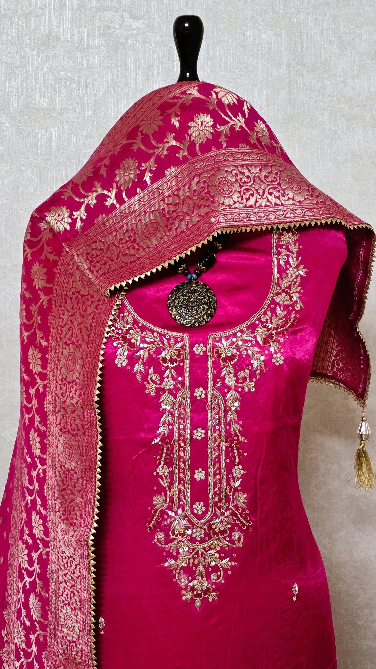 Fuchia Gaji Silk Gota Patti Suit Set with Dola Silk Dupatta