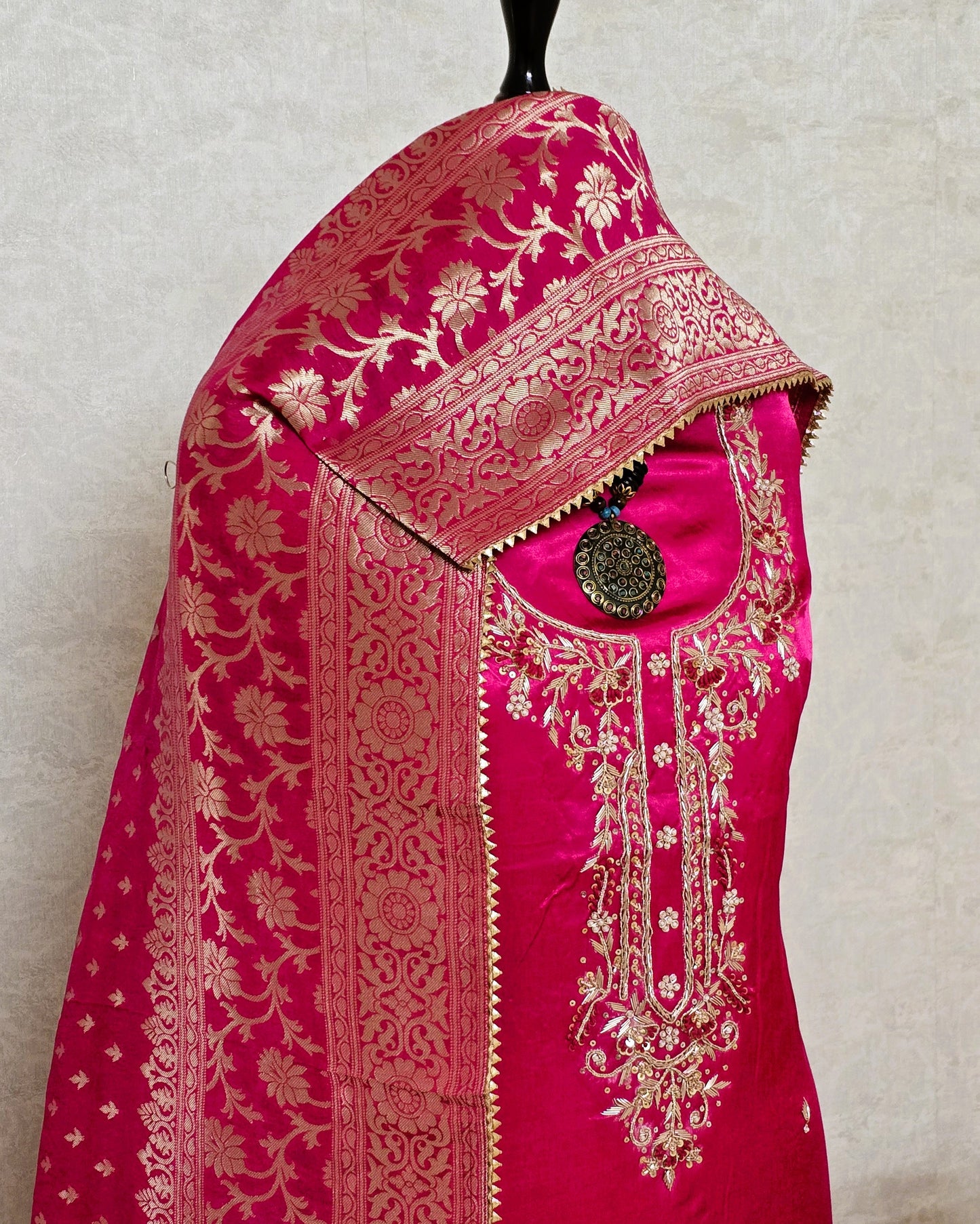 Fuchia Gaji Silk Gota Patti Suit Set with Dola Silk Dupatta