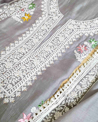 Stone Grey MalChanderi with White Threadwork Suit Set with Lace-Edged Dupatta