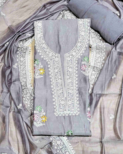 Stone Grey MalChanderi with White Threadwork Suit Set with Lace-Edged Dupatta