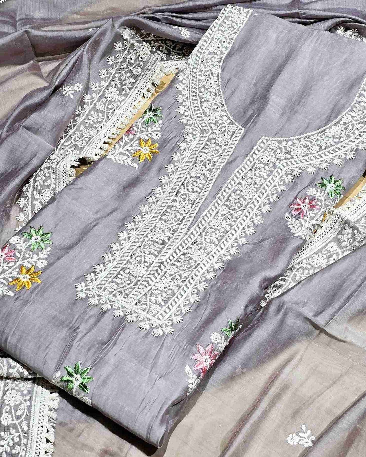 Stone Grey MalChanderi with White Threadwork Suit Set with Lace-Edged Dupatta