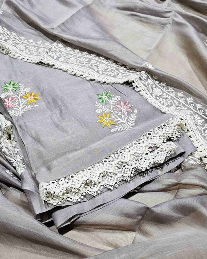 Stone Grey MalChanderi with White Threadwork Suit Set with Lace-Edged Dupatta