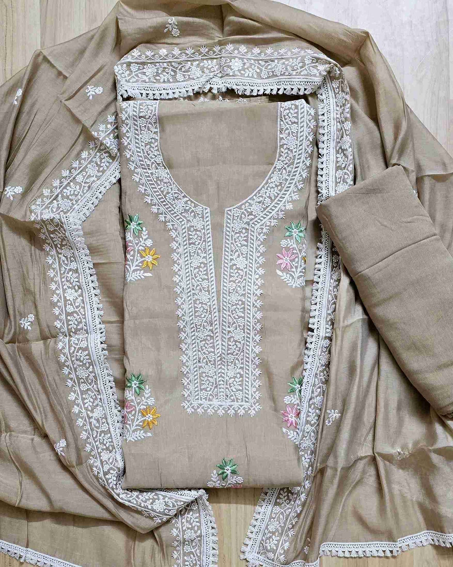 Taupe MalChanderi with White Threadwork Suit Set with Lace-Edged Dupatta