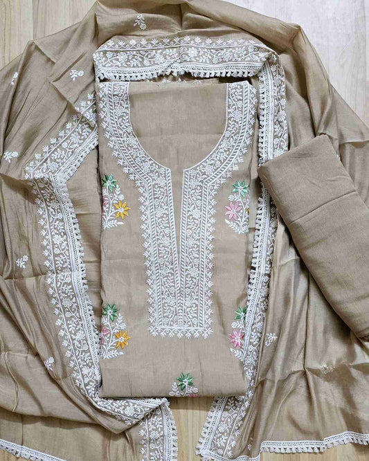 Taupe MalChanderi with White Threadwork Suit Set with Lace-Edged Dupatta