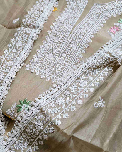 Taupe MalChanderi with White Threadwork Suit Set with Lace-Edged Dupatta